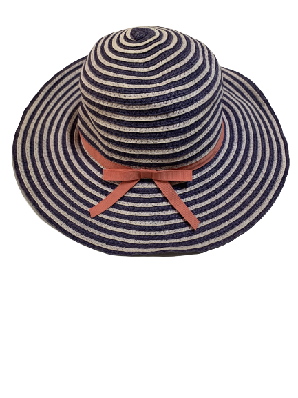 Chapéu listrado azul e branco com lãço coral