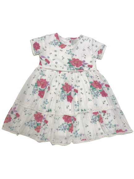 Vestido branco com botões nas costas flores lilás e rosa