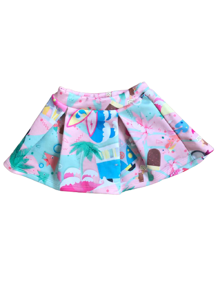 Saia de helanca rosa bebê estampada do tema praia